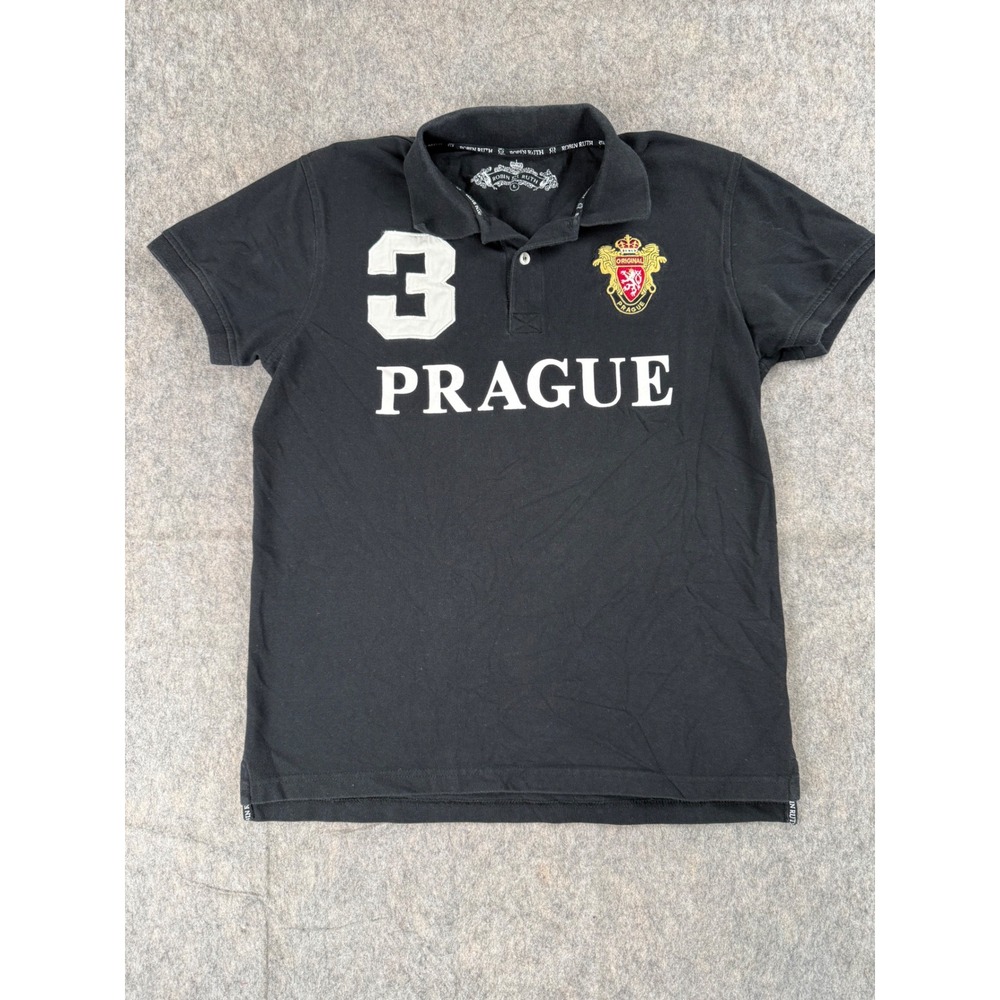 Robin Ruth Prague Mens Polo Shirt Black Short Sleeve Graphic Crest Size L